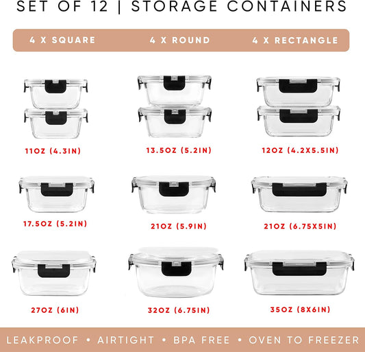 Beaubrun Services – 24-Piece Glass Food Storage Container Set | 12 Airtight Meal Prep Containers with Lids | Microwave, Freezer & Dishwasher Safe | Pantry & Kitchen Organizer
