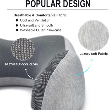 napfun Neck Pillow for Traveling, Upgraded Travel Neck Pillow for Airplane 100% Pure Memory Foam Travel Pillow for Flight Headrest Sleep, Portable Plane Accessories, Light Grey