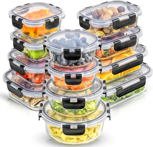 Beaubrun Services – 24-Piece Glass Food Storage Container Set | 12 Airtight Meal Prep Containers with Lids | Microwave, Freezer & Dishwasher Safe | Pantry & Kitchen Organizer